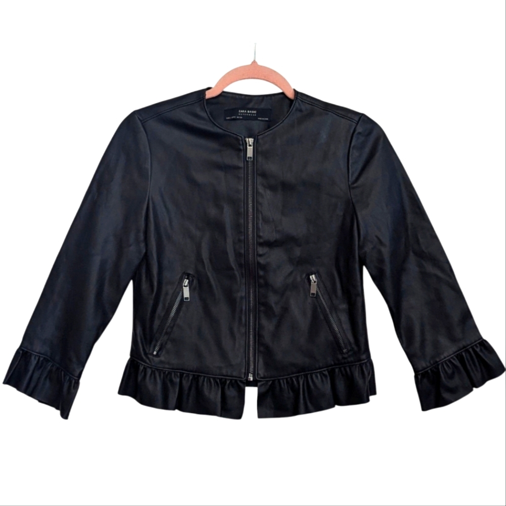 Zara Black Leather Ruffle-Hem Jacket - Picture 2 of 10